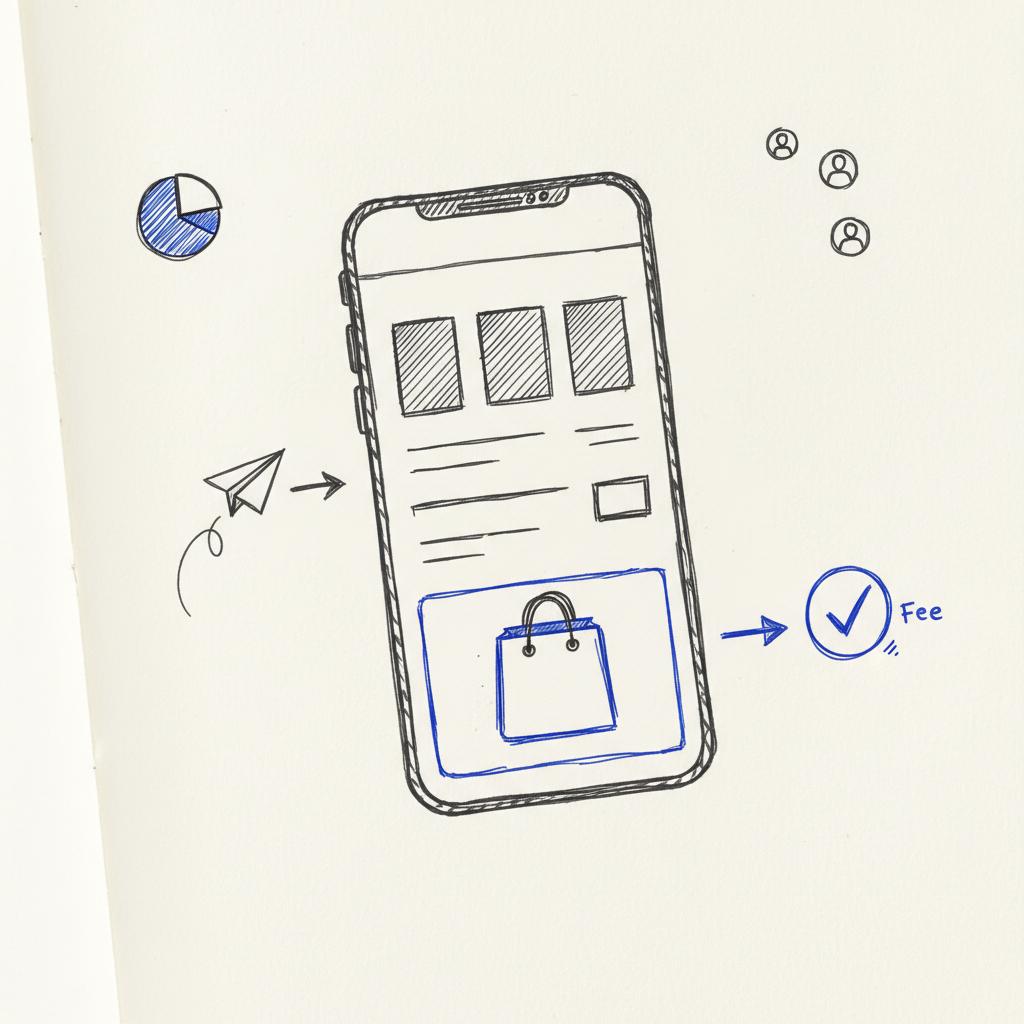 Close-up sketch-style notebook wireframe of a mobile listing flow with a blue-highlighted checkout area and symbolic icons, illustrating the listing steps &mdash; Is there a fee to sell on Nextdoor?