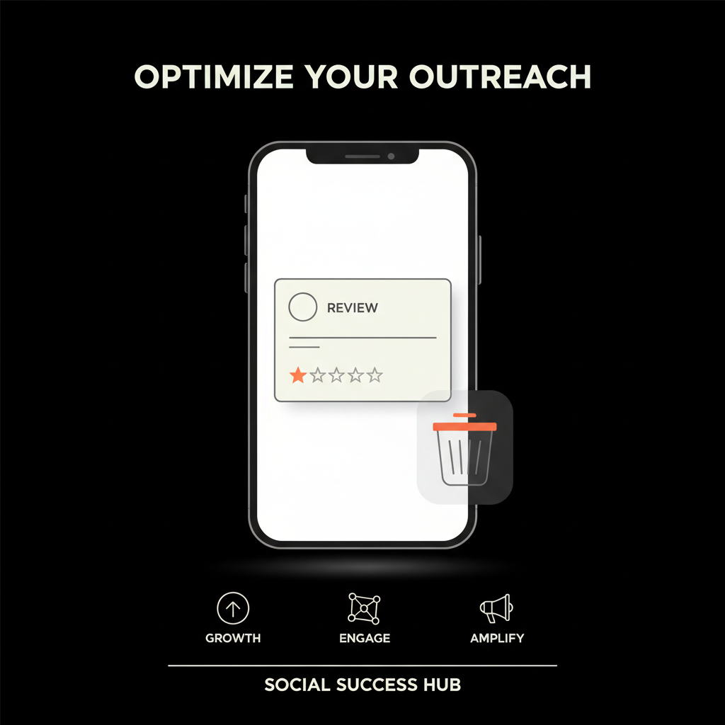 Minimal vector infographic of a smartphone showing a review card being deleted with a red delete icon on a black background, clean minimalist layout — delete Google review