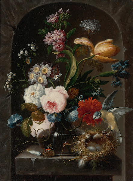 Still Life Of Roses Morning Glories Primroses A Tulip And Other Flowers In A Gla