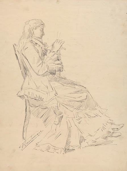 Femme assise sur une chaise tricotant de profil  croquis