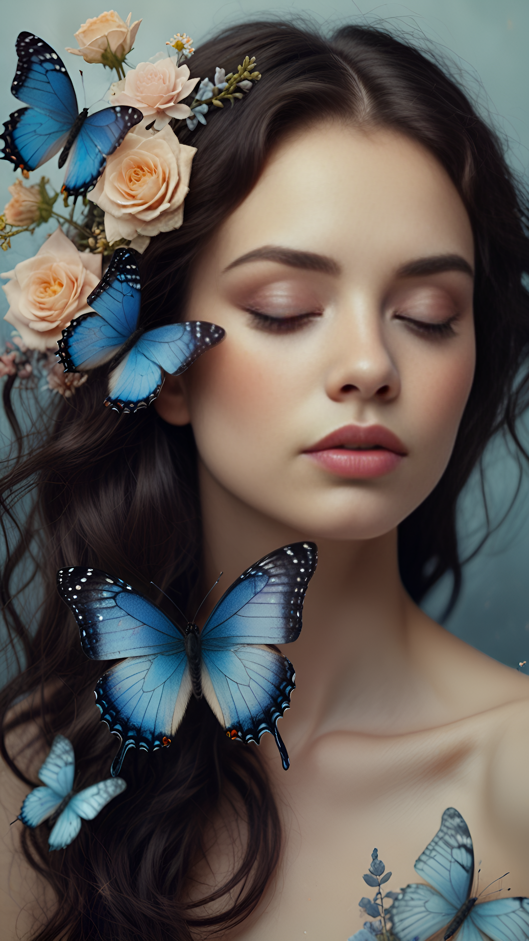 Woman with Blue Butterflies and Roses in Her Hair - Free 4K mobile Wallpaper