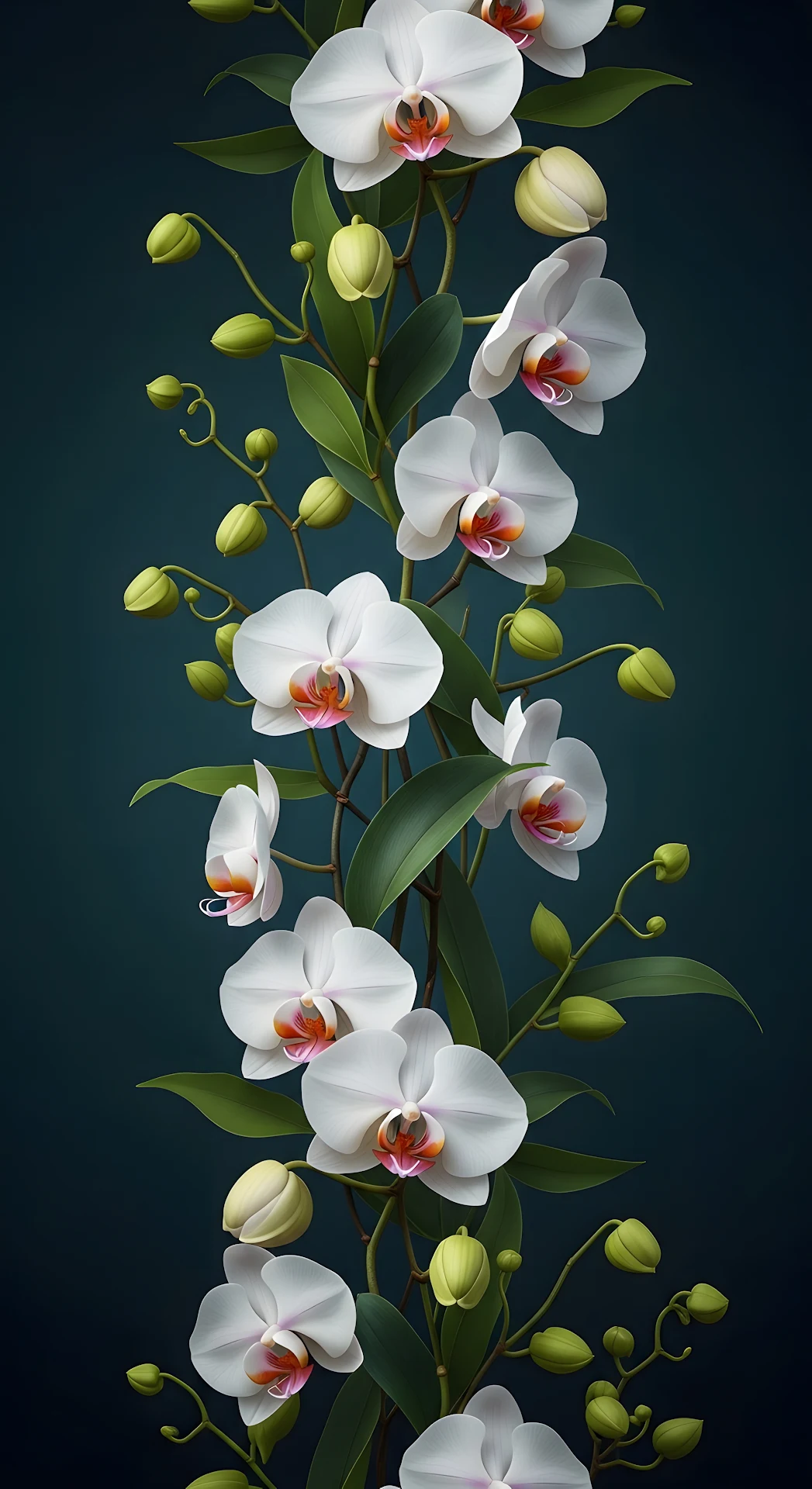 Vertical White Orchid Vine on Dark Teal Background - Free 4K mobile Wallpaper