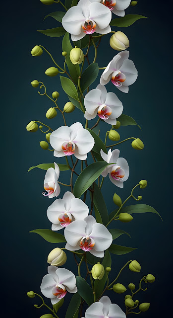 Vertical White Orchid Vine on Dark Teal Background - Free mobile Wallpaper