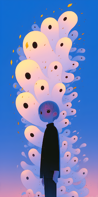 Melancholy Anime Boy and Floating Ghost Spirits Illustration - Free mobile Wallpaper