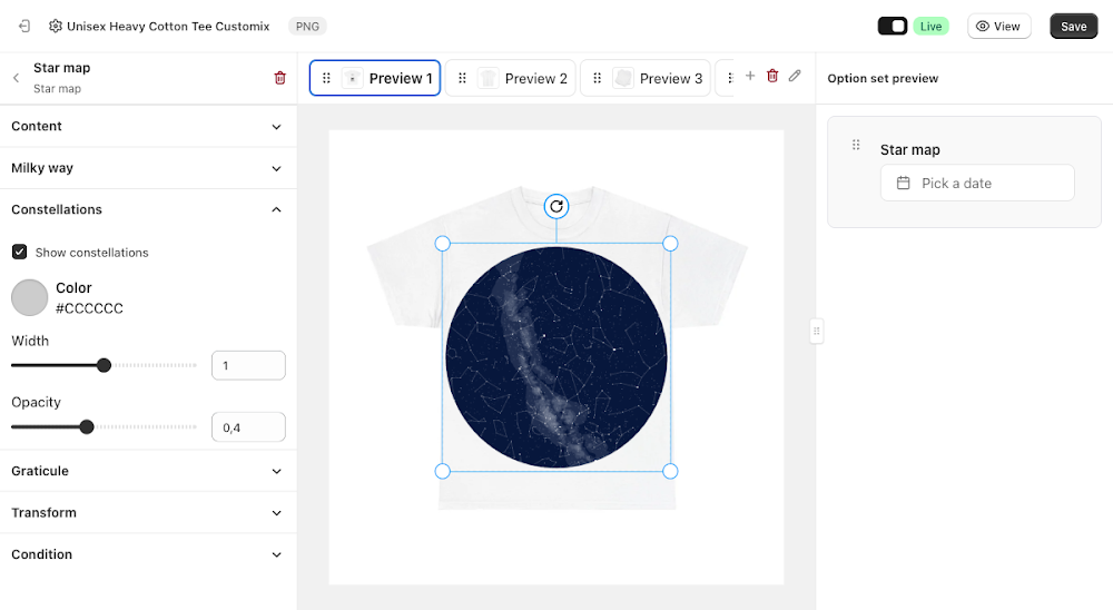 Constellations panel with Show constellations, Color, Width, and Opacity fields