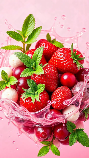Fresh Strawberries and Mint in Pink Splash - Free mobile Wallpaper