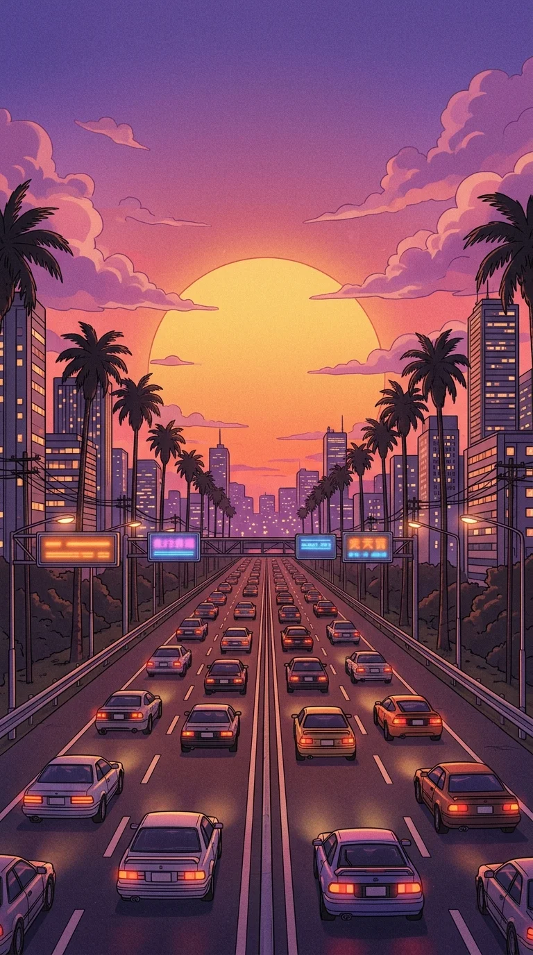 Retro Lo-Fi Style Sunset over City Highway with Palm Trees - Free 4K mobile Wallpaper