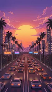 Retro Lo-Fi Style Sunset over City Highway with Palm Trees