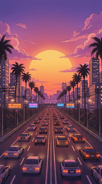 Retro Lo-Fi Style Sunset over City Highway with Palm Trees - Free mobile Wallpaper