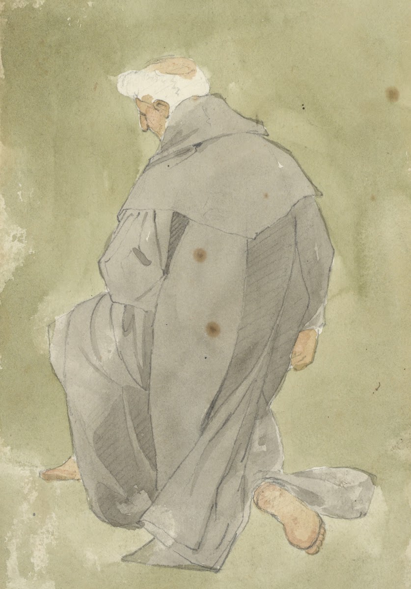 Monk or cleric with white hair and grey robe kneelingback view 1840