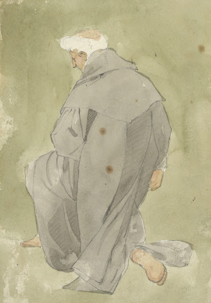 Monk or cleric with white hair and grey robe kneelingback view 1840