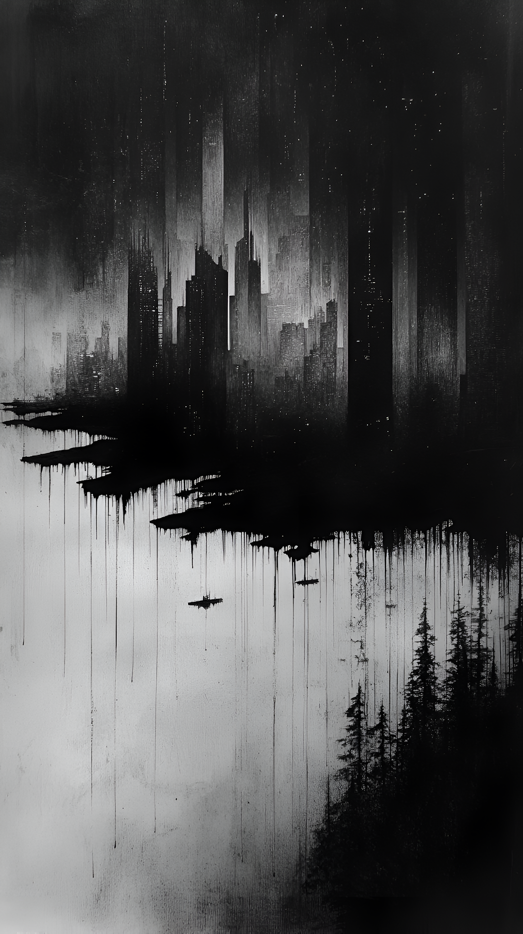 Bleak Dystopian City Glitch Art Monochrome Industrial Scene - Free 4K mobile Wallpaper