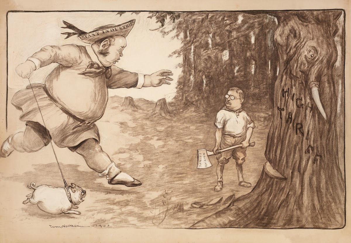 Theodore Roosevelt chops down a tree representing high tariffs with an ax repres