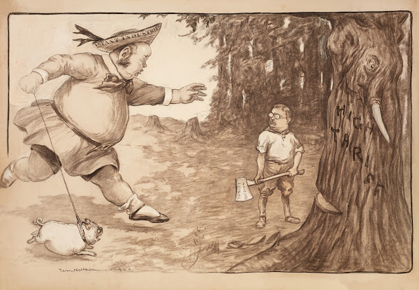 Theodore Roosevelt chops down a tree representing high tariffs with an ax repres