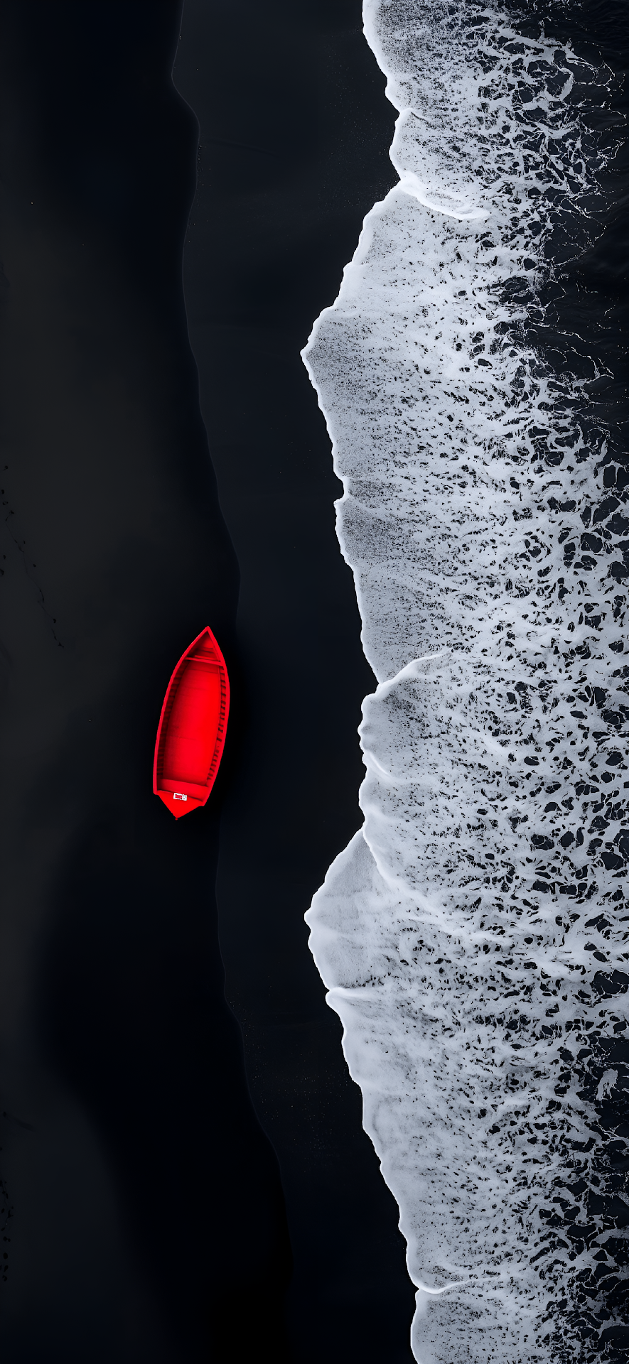 Red Boat on Black Sand Beach Aerial View Minimalist Contrast - Free 4K mobile Wallpaper