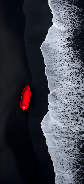 Red Boat on Black Sand Beach Aerial View Minimalist Contrast - Free mobile Wallpaper