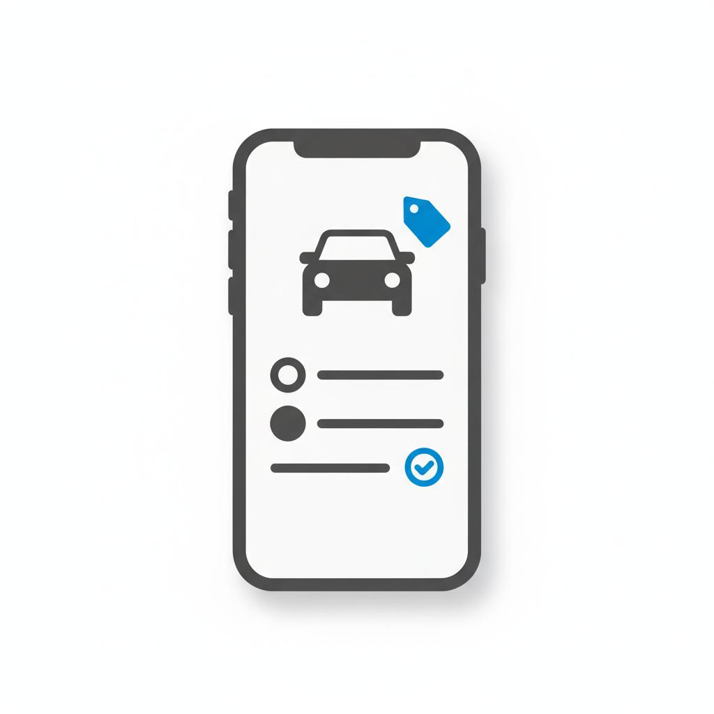 Minimalist vector overhead smartphone showing stylized vehicle history visuals and a blue price tag in CarFax Deals colors best website to search for a used car