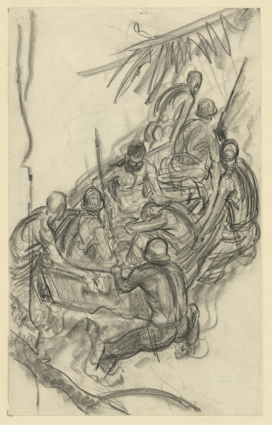 Impression bringing wounded down the Matanakau eg Mataniko River  Guadalcanal 19