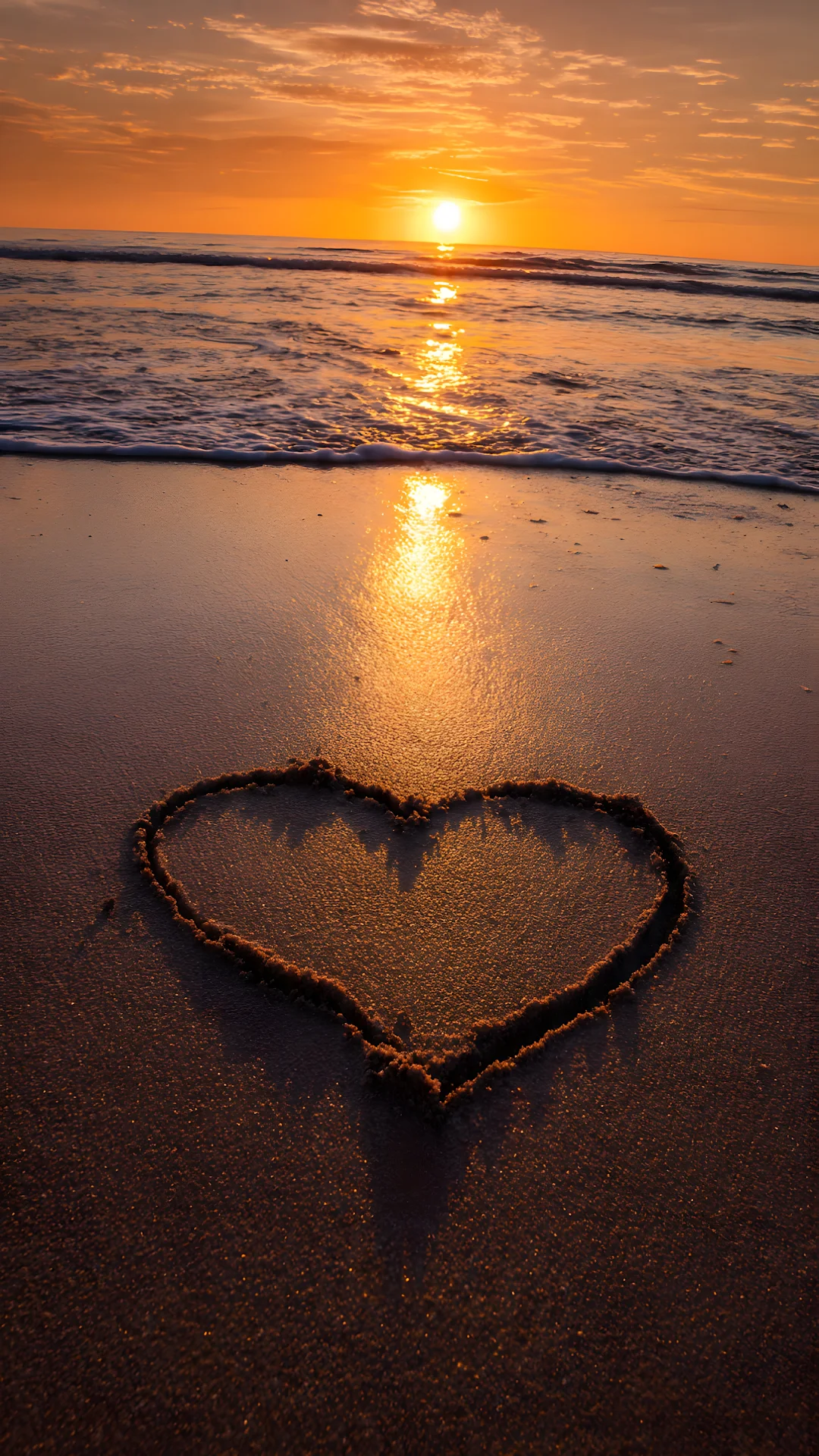 Heart Drawn in Sand at Golden Sunset Beach - Free 4K mobile Wallpaper