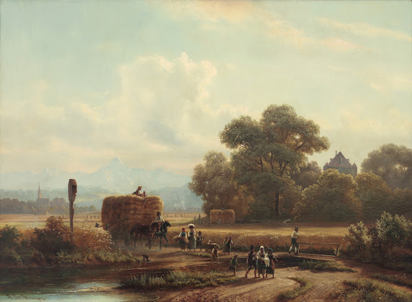 Heimkehr von der Kornernte bei Ascholding mit der Kirche und dem Schloss