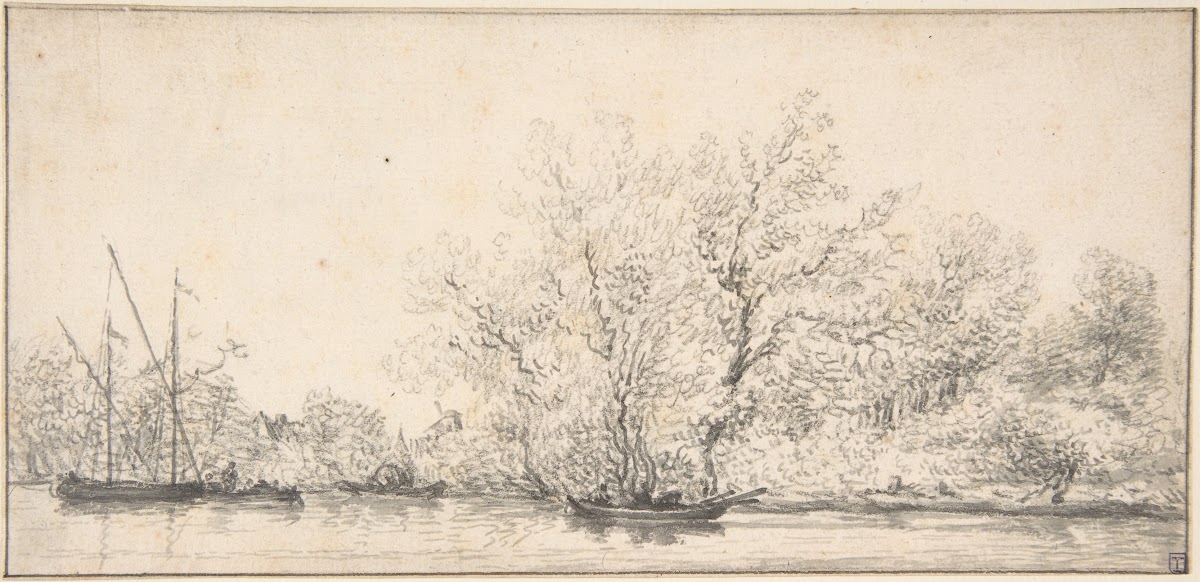 River Scene with Boats before a densely Wooded Bank 17th century