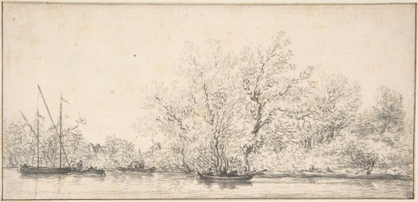 River Scene with Boats before a densely Wooded Bank 17th century