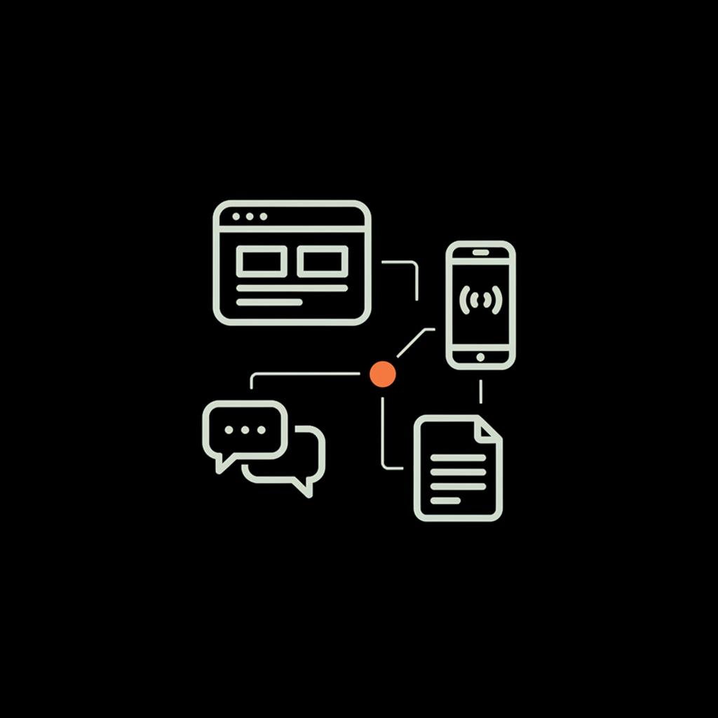 Minimal 2D vector infographic of interconnected website, social icons, phone and documents on black background in Social Success Hub palette — WhatsApp verification free