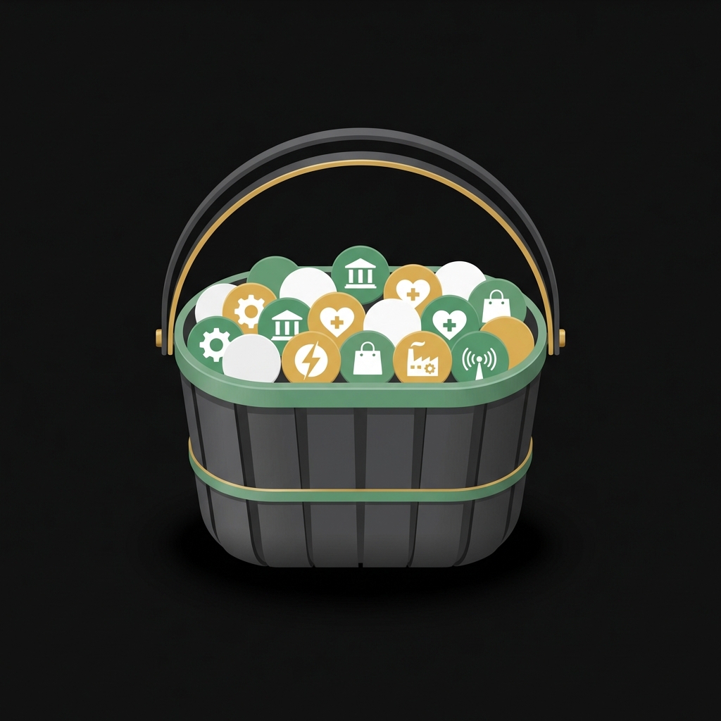 Minimalist illustration of an ETF basket holding many small company icons representing diversification to explain how to invest into stocks for beginners in Finance Police brand style