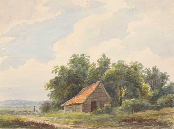 Landschap met schuur en in de verte een herder met schapen 1797   1870