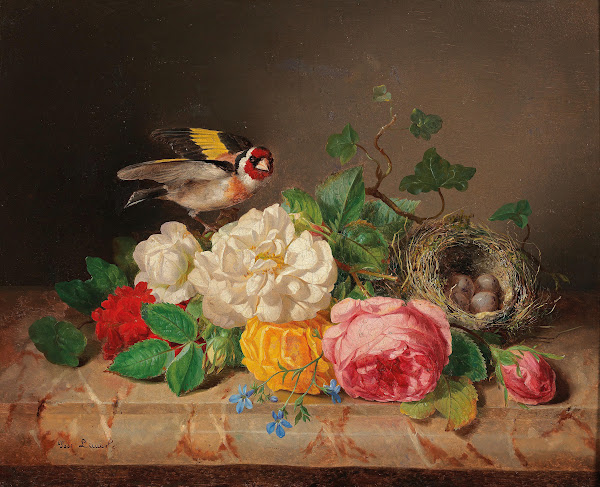 Rosenstück mit Stieglitz und Vogelnest