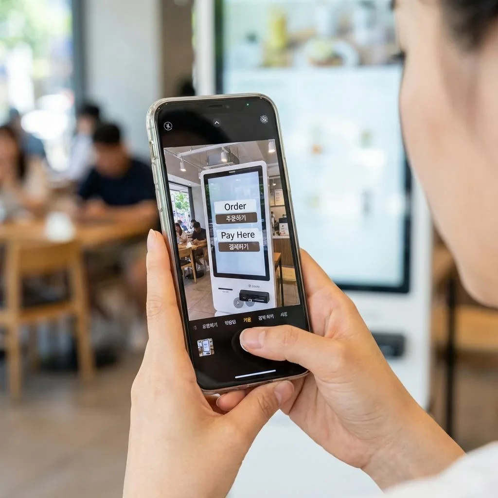 Minimalist Seoul cafe with glowing kiosk