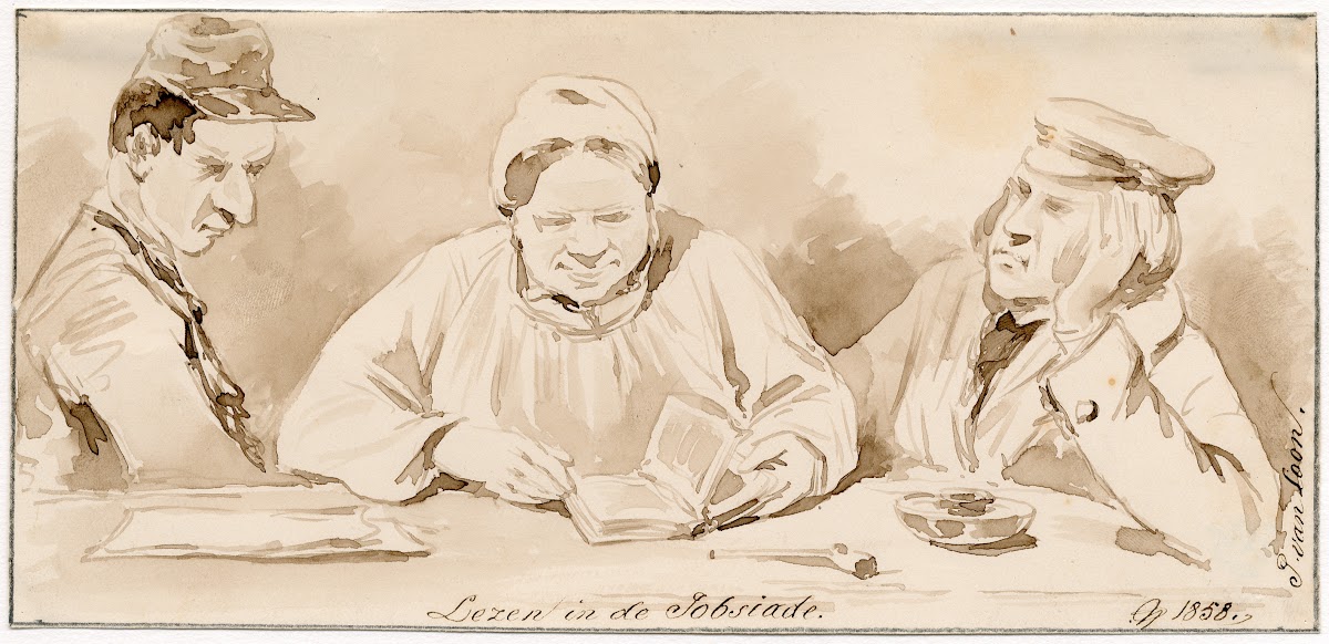 Drie lezende figuren in het armenhuis 1858