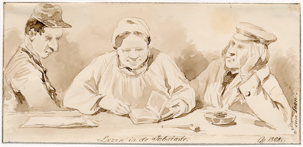 Drie lezende figuren in het armenhuis 1858