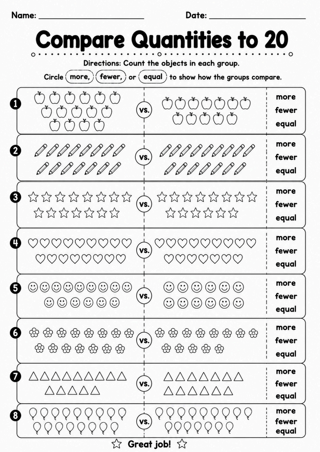 Compare Quantities to 20 Worksheet