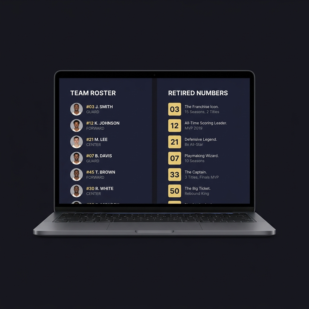 Laptop centered on a dark Funded Plays style interface showing a team roster and retired numbers page in a clean layout for best nhl prediction site