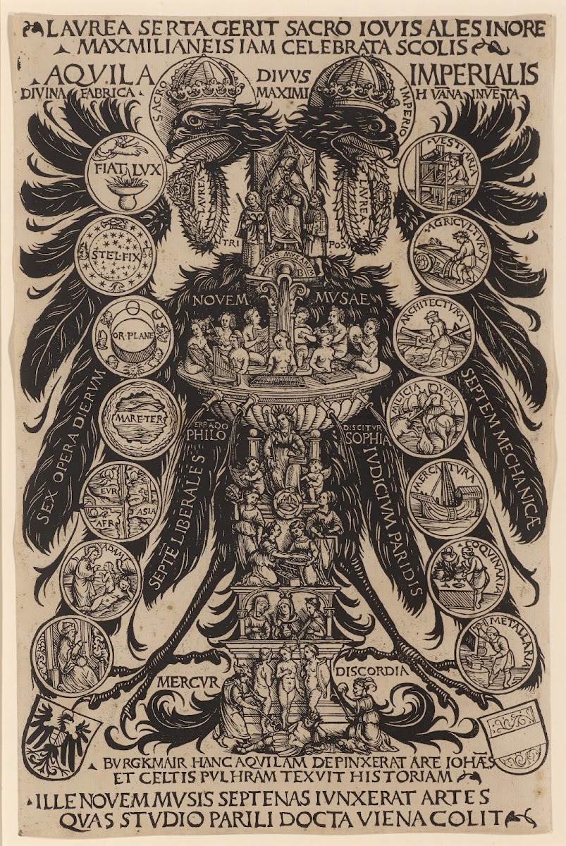 Allegorischer Reichsadler des Konrad Celtis mit den Künsten dem Musenbrunnen und