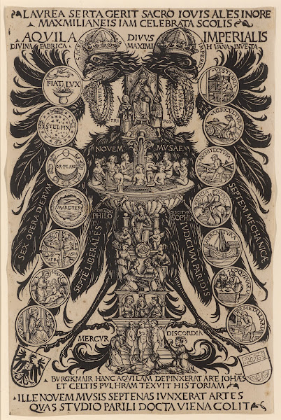 Allegorischer Reichsadler des Konrad Celtis mit den Künsten dem Musenbrunnen und
