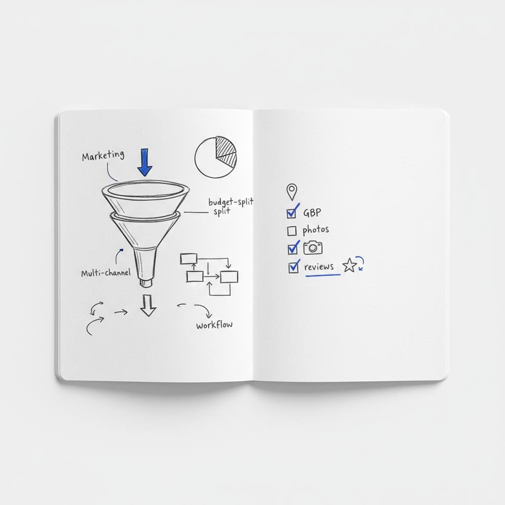 Top-down notebook close-up with a hand-sketched marketing funnel and local SEO checklist icons (GBP pin, camera, review star) for small business marketing strategies with blue accents