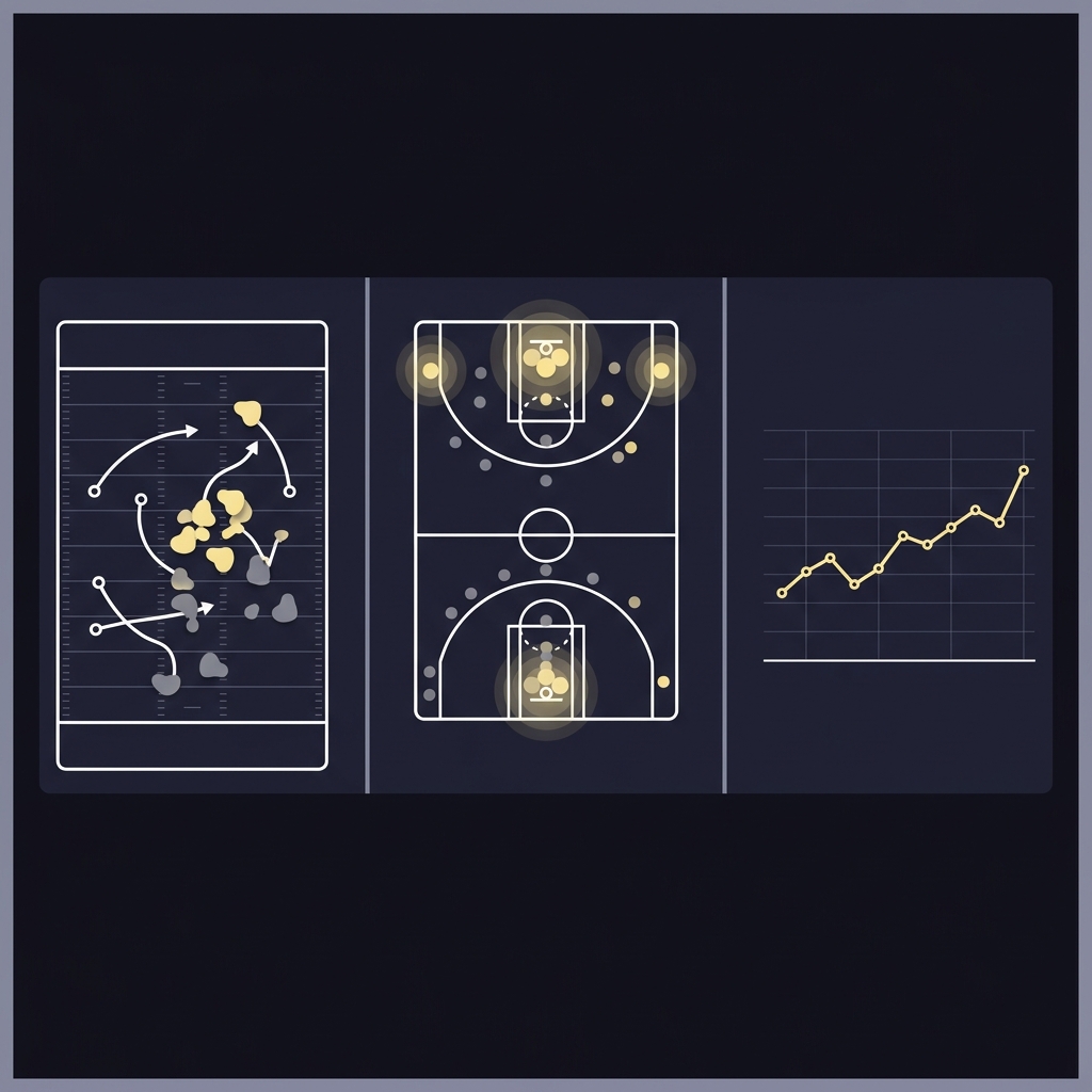 Minimalist 2D vector composite of three sports analytics panels for Which Sports Statistics Are Most Predictive showing NFL EPA play chart NBA eFG percent shot chart and MLB wOBA sparkline on a dark branded background