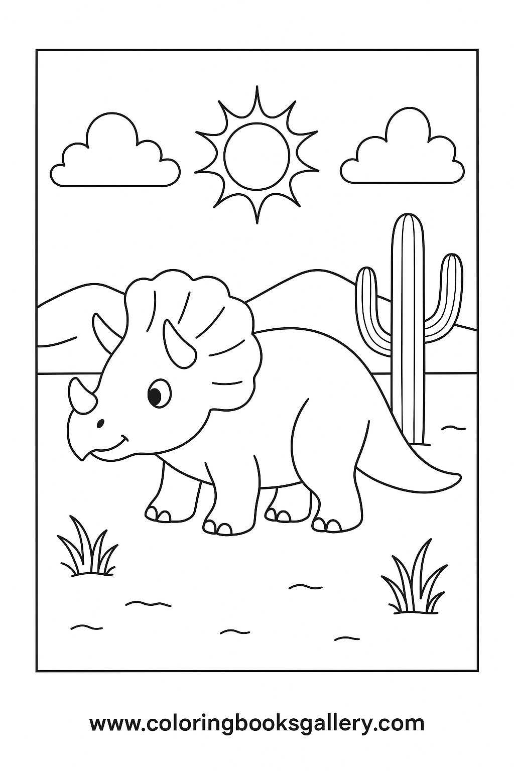 Simple Triceratops In The Desert Coloring Page For Toddlers – free coloring page for kids