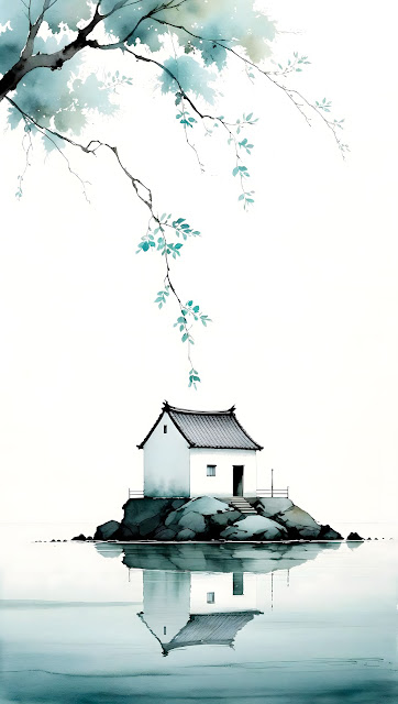 Minimalist Japanese House Watercolor Reflection - Free mobile Wallpaper