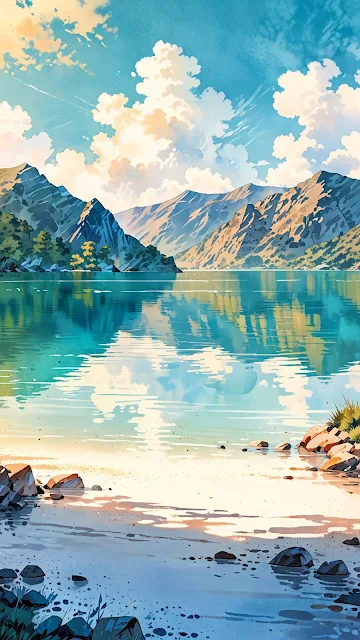 Turquoise Lake Reflection Ghibli Style Mountain Landscape Art