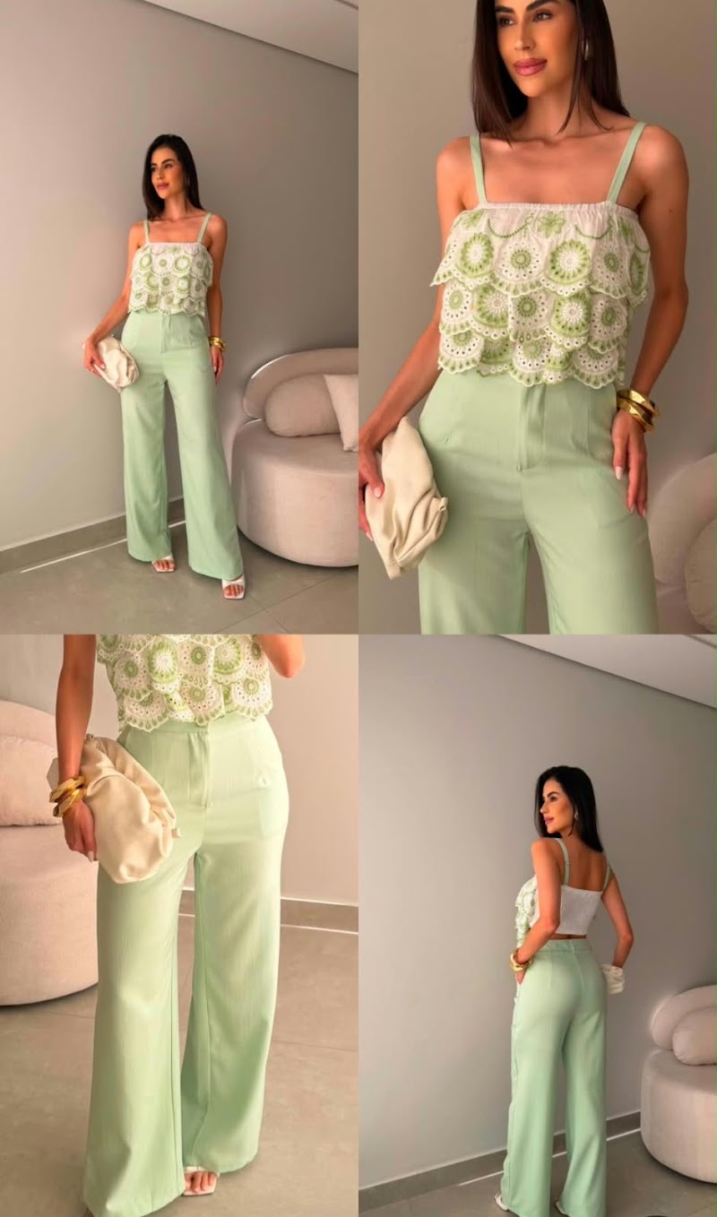 Conjunto top broderie y pantalón pata ancha