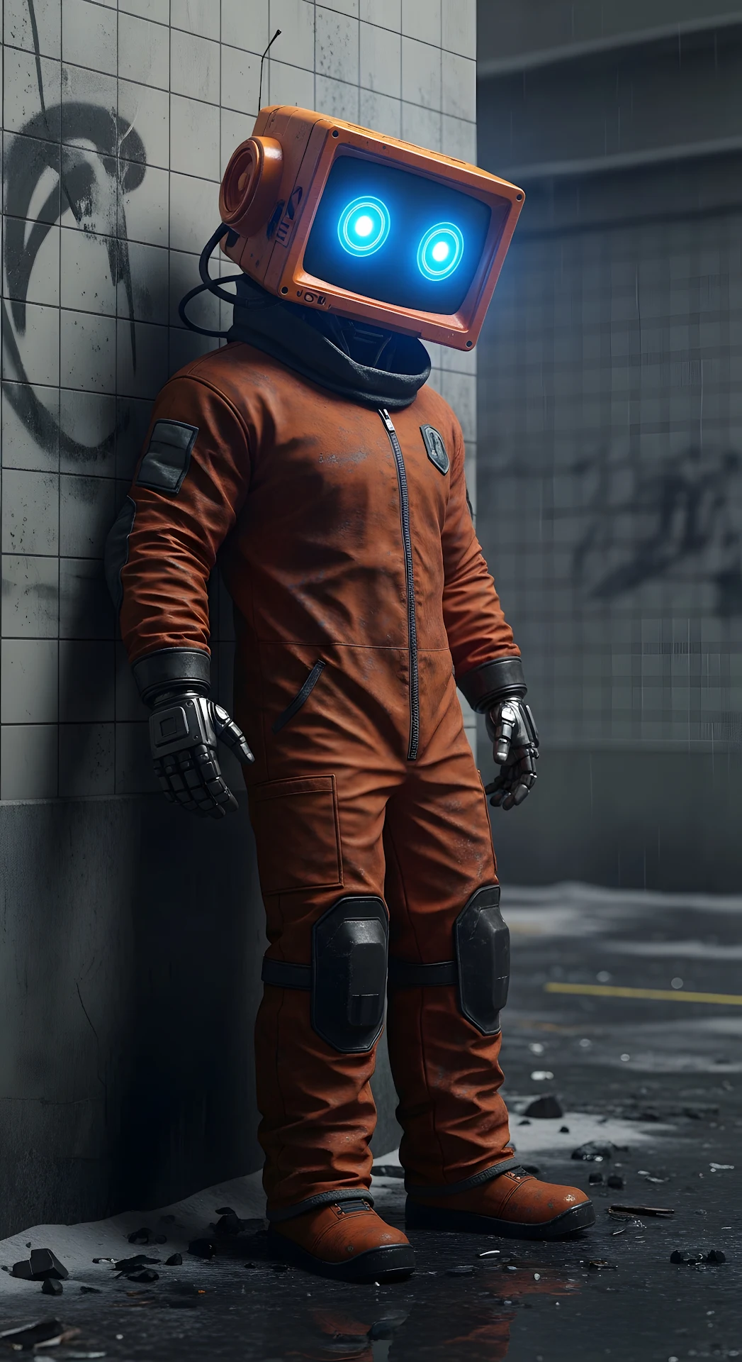 Futuristic Dystopian Robot Character in Dirty Orange Jumpsuit Leaning in Grungy Alley - Free 4K mobile Wallpaper