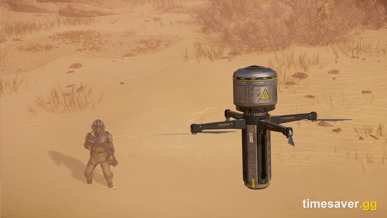 The G-60 Anti-Tank Seeker homing drone-grenade beside a Helldiver in Tanker armor