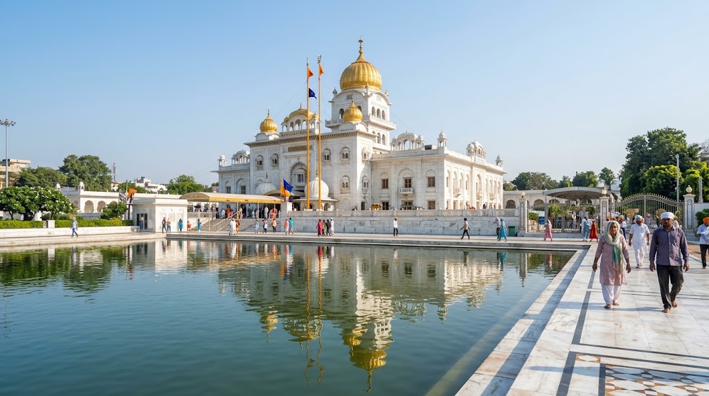 Gurudwara Bangla Sahib near Rajiv Chowk Metro Station in Delhi with golden dome and sarovar