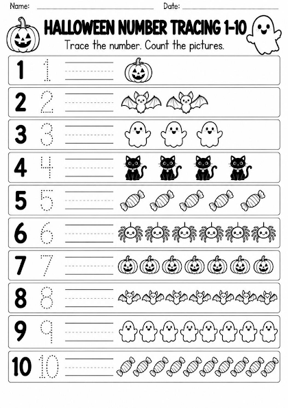 Halloween Number Tracing 1 to 10 Worksheet