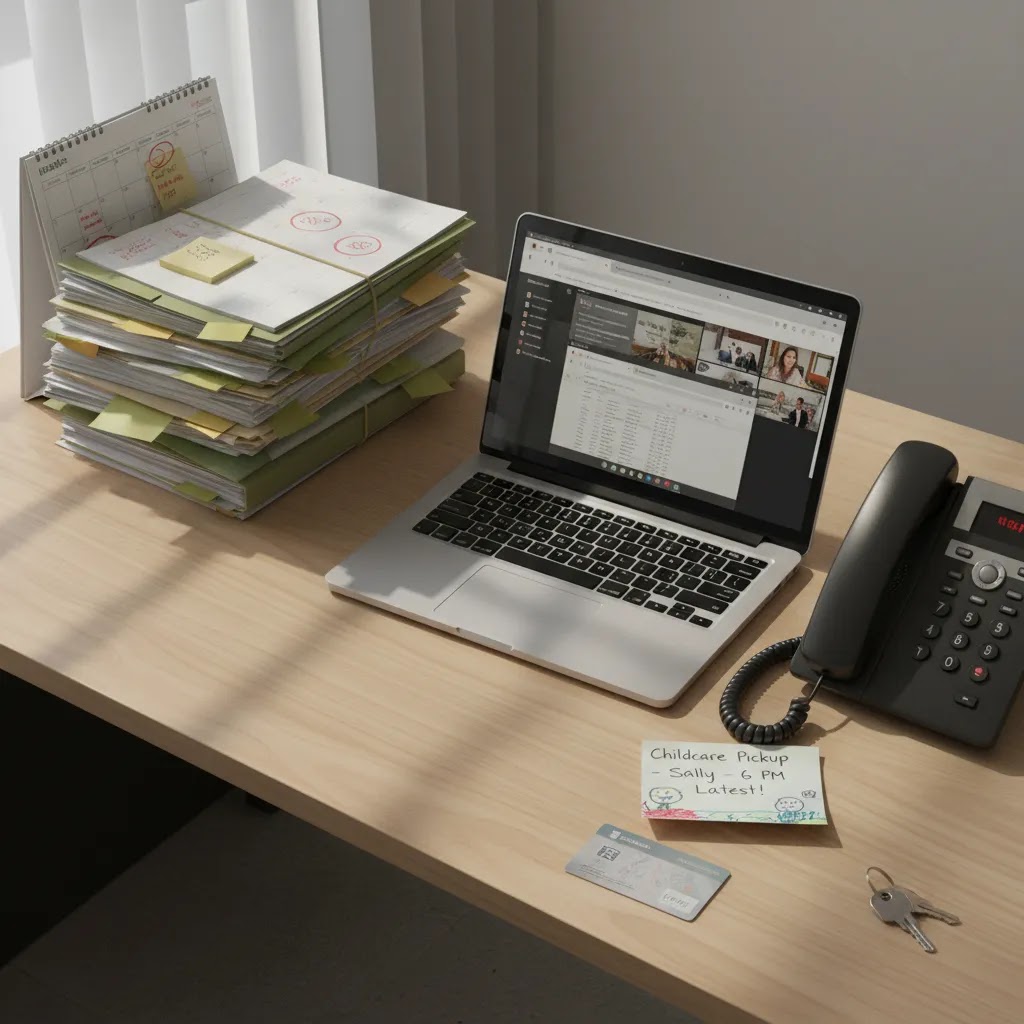 Job stress Singapore triggers shown through workload calendar phone documents and caregiving reminders on a desk