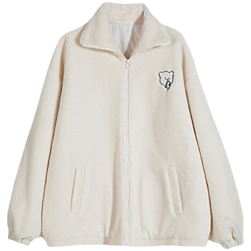 Lässige Teddy-Fleecejacke mit Stehkragen und Bärenmotiv