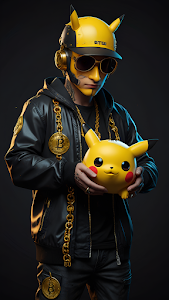 Cyberpunk Man in Pikachu Hat Holding Plush Toy with Gold Chains